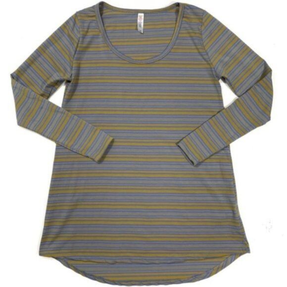 LuLaRoe Lynnae Tee Size XS Striped Long Sleeve Blue Yellow Curved Hem Scoop Neck - Picture 6 of 6
